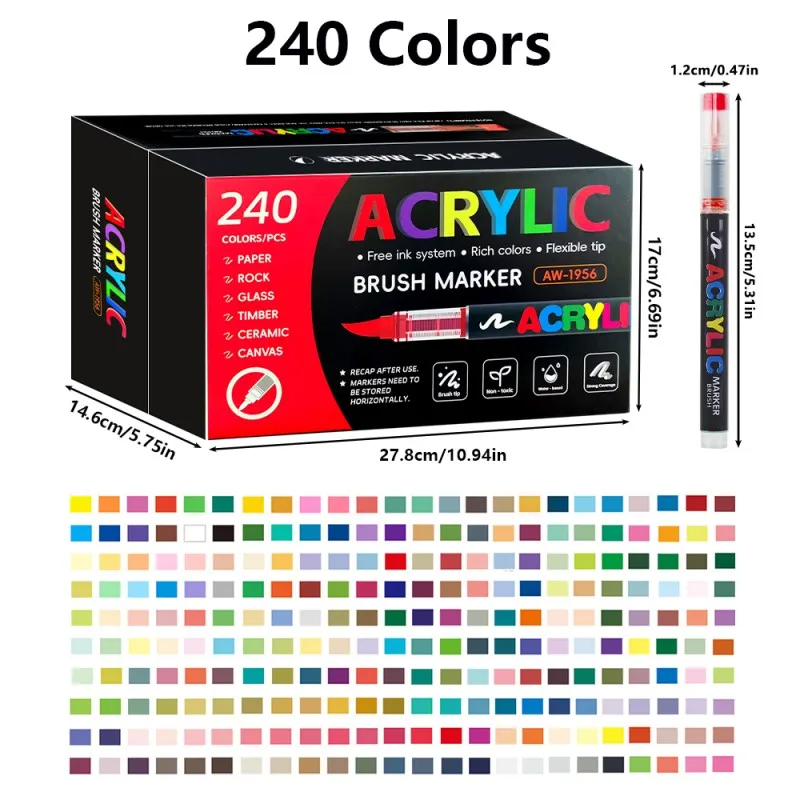 240 kleuren acrylverfstiften Zachte penseeltip Acrylstiften Set verfpennen voor houtstof canvas glas canvas rotsschildering
