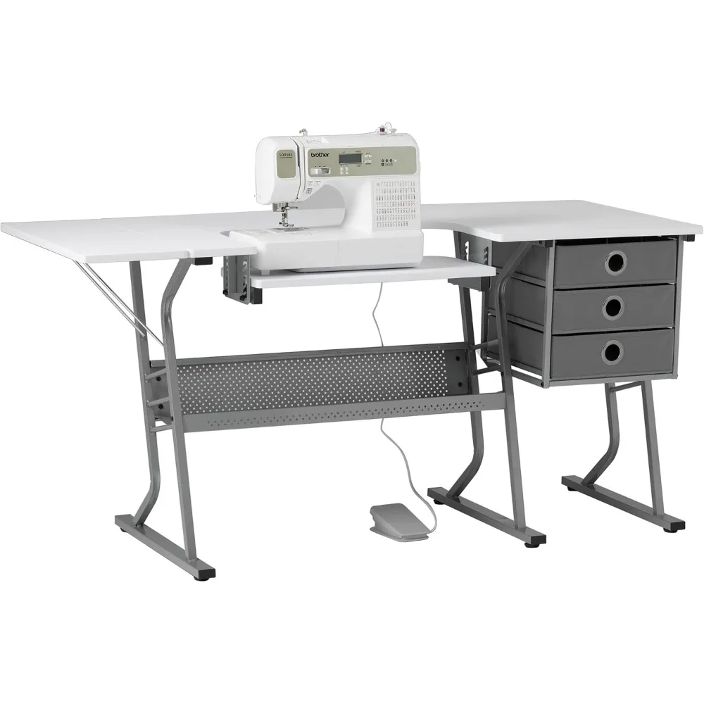 Eclipse Hobby and Sewing Machine Table - White Sewing Table with Gray Storage Drawers + Large Lower Shelf