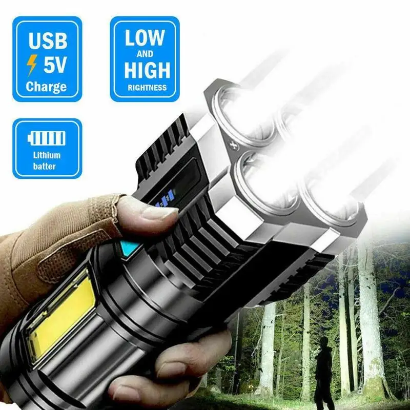 High Power LED Flashlights Camping Torch With 4 Lamp Beads And COB Side Light USB Rechargeable 4 Lighting Mode Camping Torch