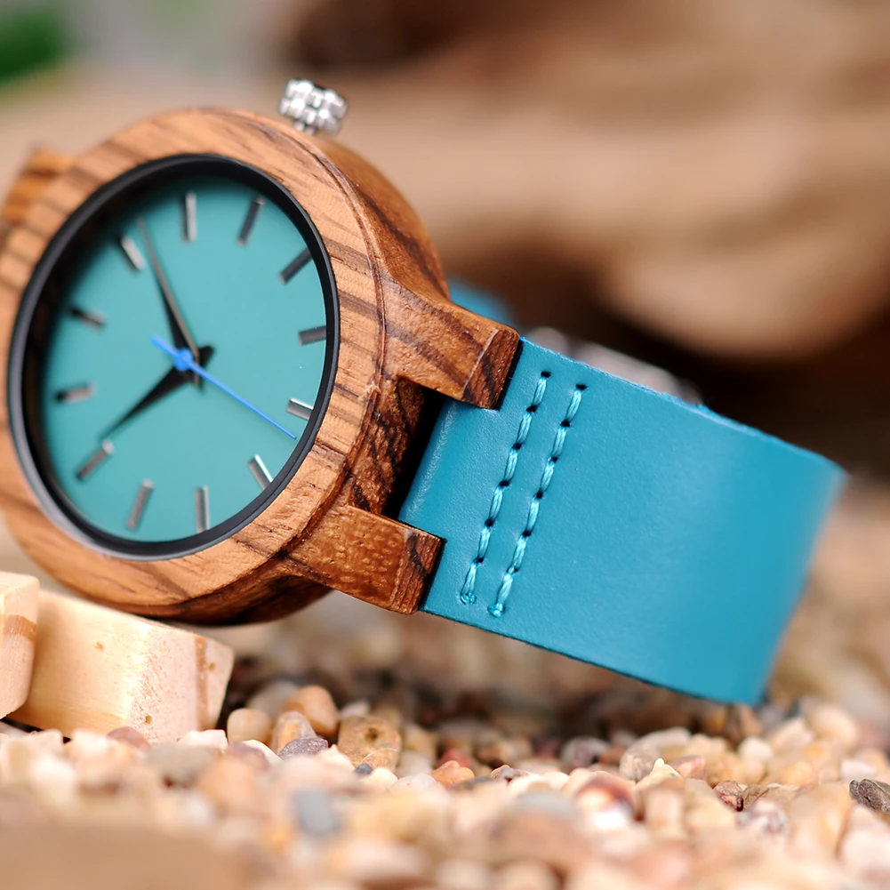 BOBO BIRD Women Watches Zebra Wooden Timepieces Turquoise Blue Leather Men Watch Personalized Lovers Gifts Relogio Masculino