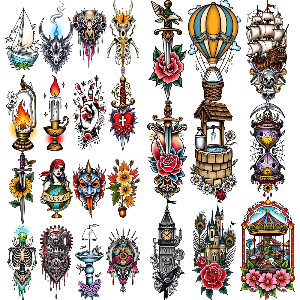 

28pcs Temporary Tattoo Gear New School Traditional Dragonfly Wolf Temporary Tattoo Stickers Hourglass For Chest Arms