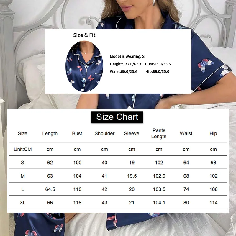 Women\'s Satin Butterfly Print Relaxed Fit Pajama Set Soft and Comfortable Short Sleeve Lapel Top and Pants Sleepwear Loungewear