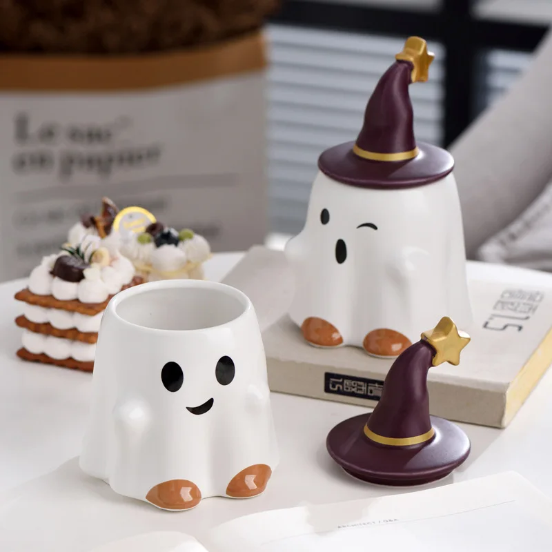 Kubek z duchem na Halloween z pokrywką Uroczy kubek z duchem Kreatywny kubek z duchem Zabawny kubek ceramiczny 450 ml Pamiątka na Halloween