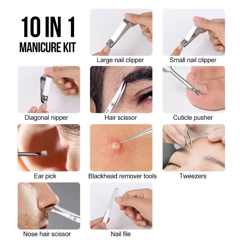 

10 IN 1 Manicure Set, Pedicure Sets, Nail Clipper sets，Stainless Steel Professional Nail Cutter with Travel bag
