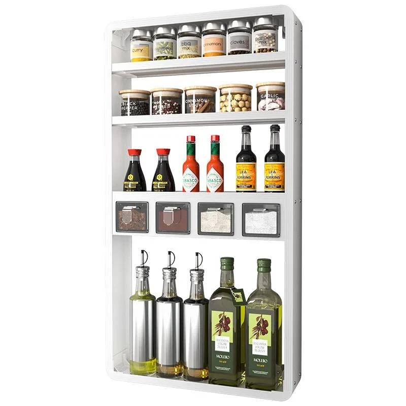 

Space aluminum kitchen wall-mounted shelf No punching Multi-layer condiments Seasoning Oil, salt, sauce and vinegar
