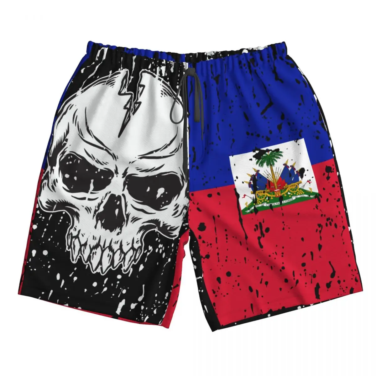 Haiti Flag Vintage Skull Men's Novelty Swimtrunks Quick Dry 3D Printed Mesh Lining Beach Board Shorts with Pockets
