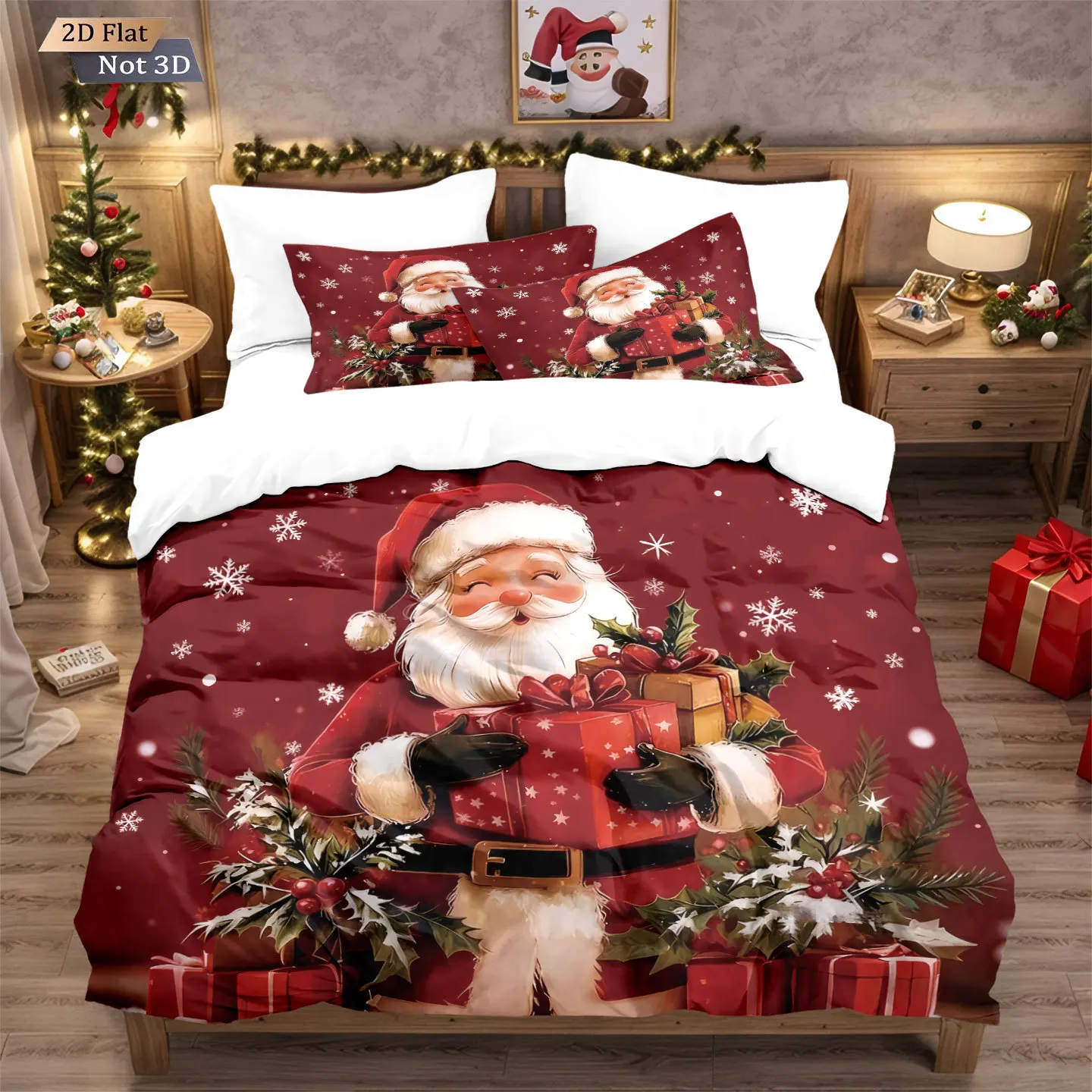 Red Christmas Bedding Set Santa Claus Candy Gingerbread Man Print Polyester Machine Washable Duvet Cover For Home Bedroom Decor