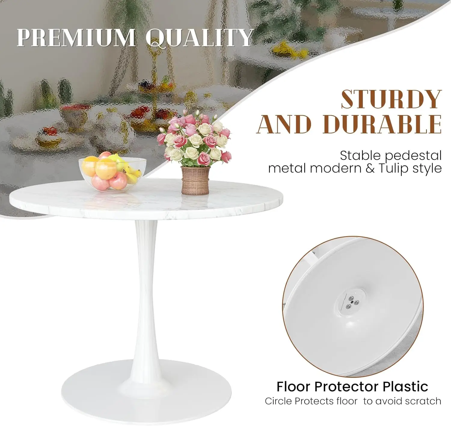 White Marble Round Dining Table, 31.5" Tulip Table Kitchen Dining Table 2-4 People with MDF Table Top & Pedestal Base, Mid-Centu