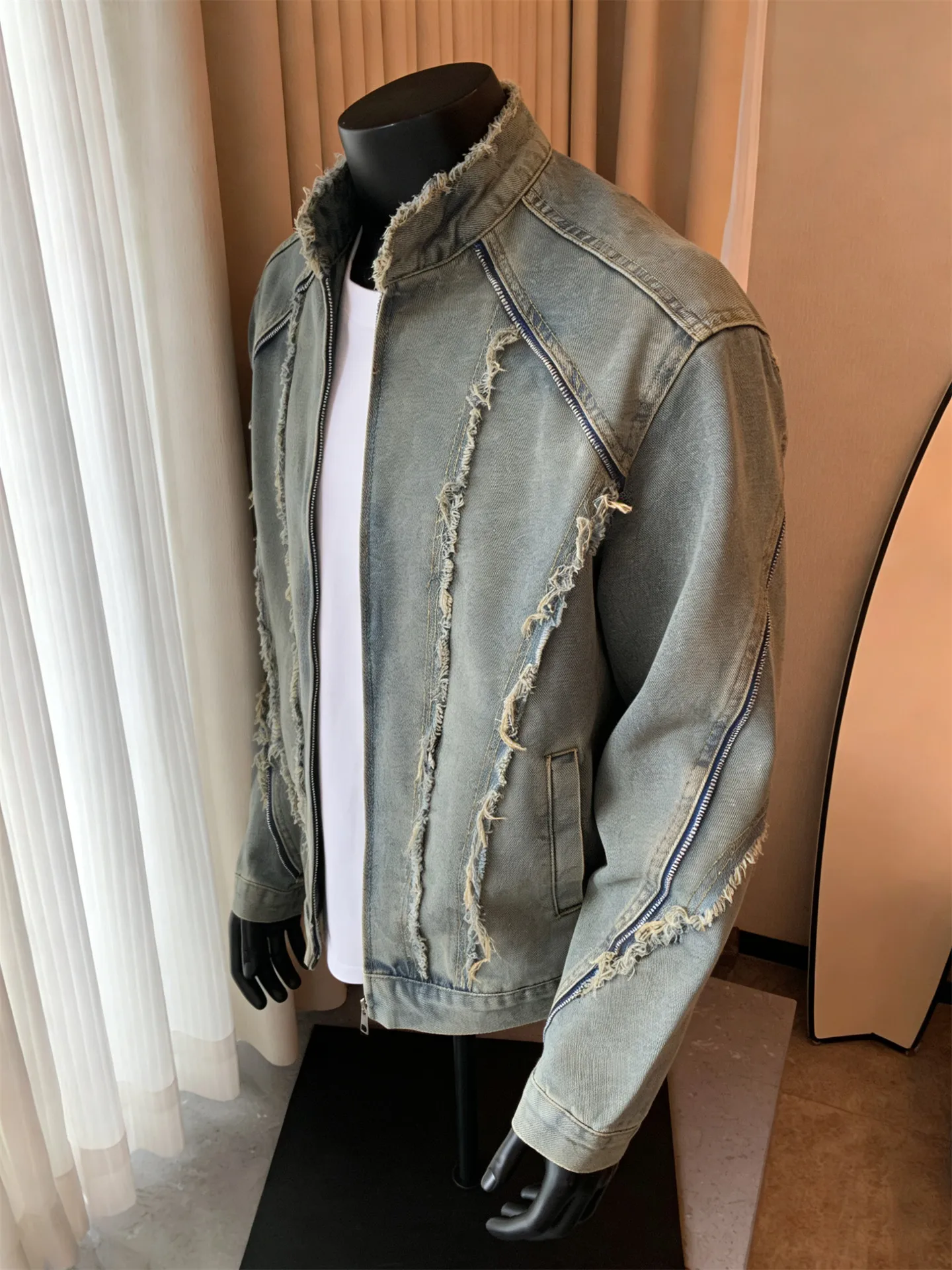 2026 new American retro deconstructed burr denim jacket