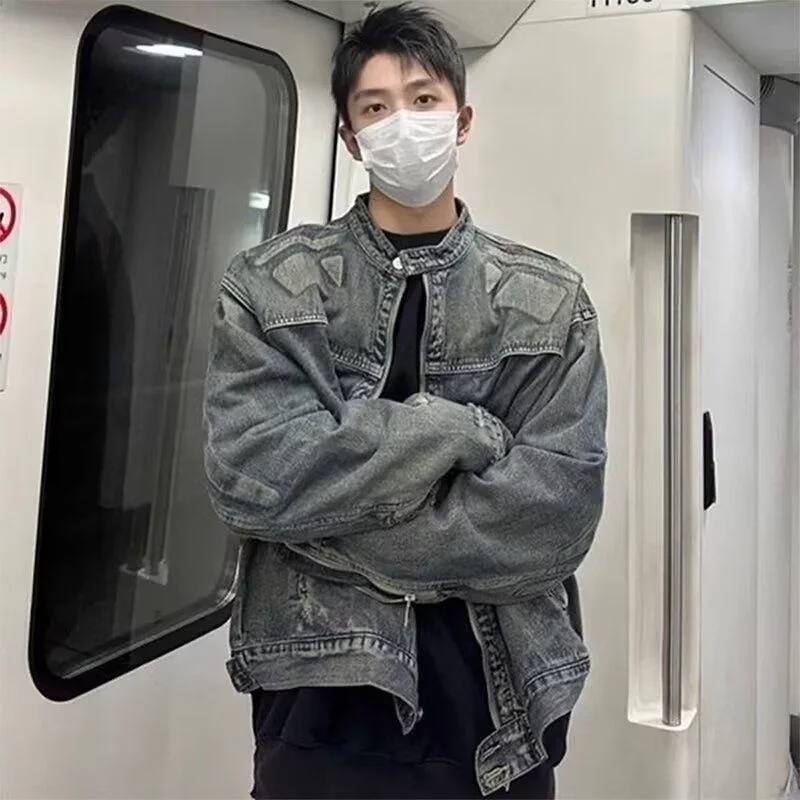 

American Retro Vintage Denim Jaet Hip Hop High Street Personali Hole Loose Trendy ort Coat Upper Apparel for Teens