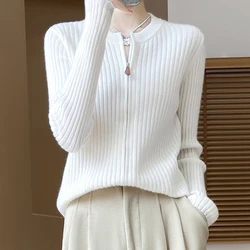 Women's Cardigan Autumn/Winter 100% Pure Wool Sweater Thickened Casual Zipper Knitted Clothes Round Neck Fit Tops Basic Blouse