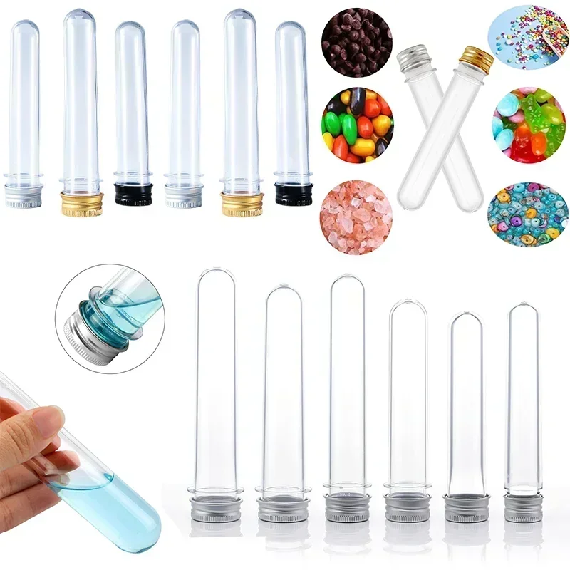 Tubos de ensayo de plástico transparente vacíos, 5 uds., 30-100ml, con tapas de aluminio con tornillo para experimentos científicos, sales de baño, almacenamiento de dulces, fiesta