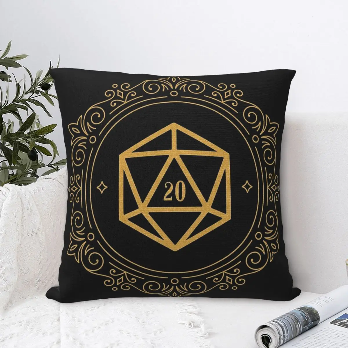 Polyhedral D20 Dice Monogram Bronze Tabletop RPG Square Pillowcase Polyester Pillow Cover Comfort Throw Pillow For Home Bedroom