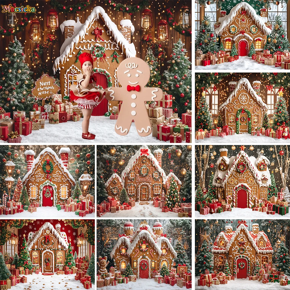 Snowy Gingerbread House การถ่ายภาพพื้นหลัง Glitter Xmas Tree โคมไฟของขวัญฉากหลังบูธเด็กฤดูหนาววันเกิด Portrait Studio