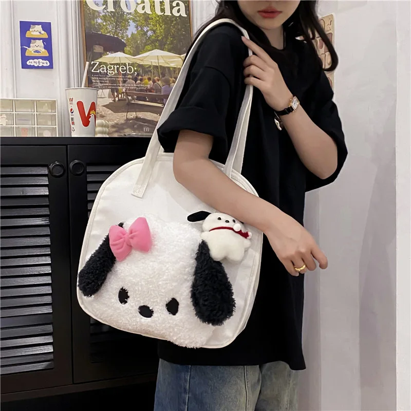 

Холщовая Сумка на плечо Sanrio для девочек, модные сумки с милыми мультяшными куклами, детский школьный портфель большой вместимости, подарок для студентов