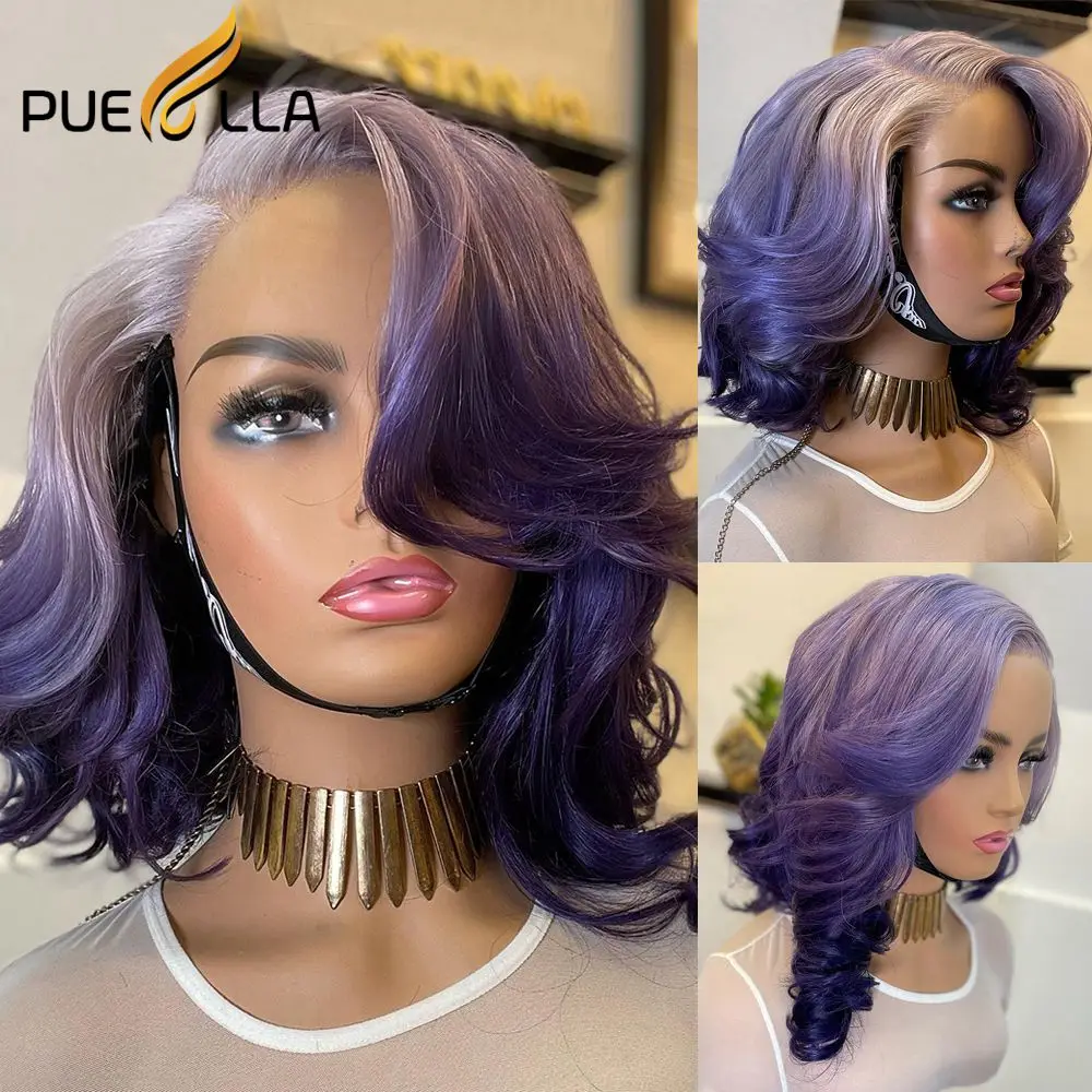 Loose Wave Curto Lace Front Cabelo Humano Peruca para Mulheres, Pixie Corte Frontal Perucas, Pré-arrancadas, Mel Loiro, Ombre Roxo, 613 Cor