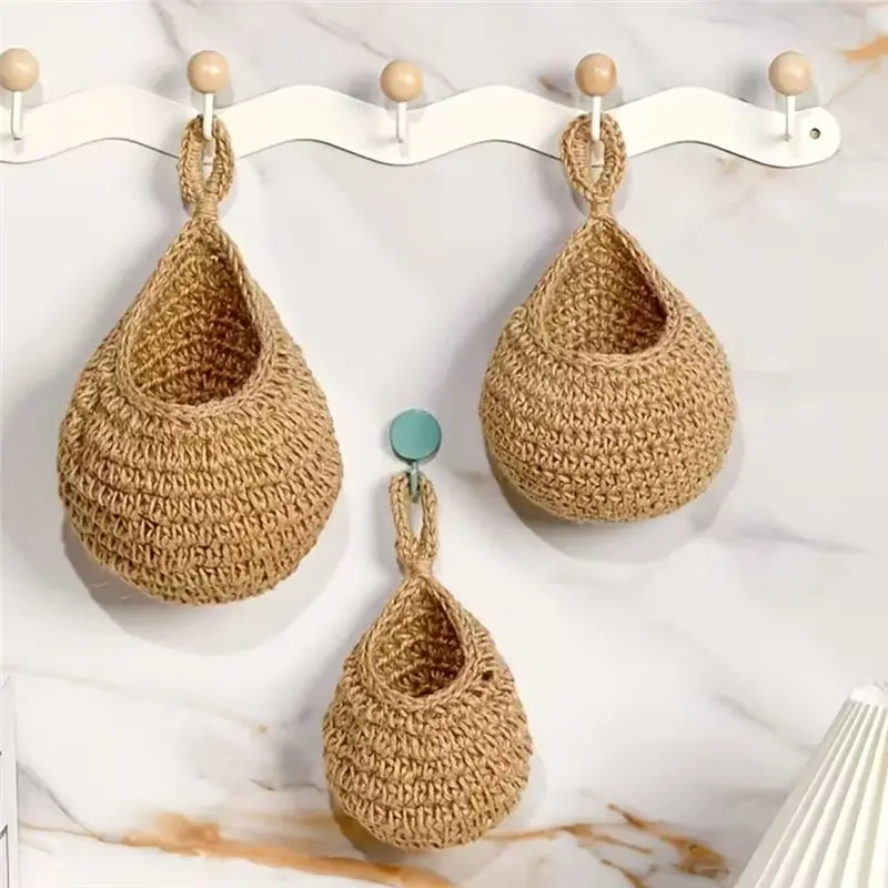 PZHI Hanging Wall Basket Fruit Vegetable Organizer Jute Rope Kitchen Wall Decor Mountable Plant Container