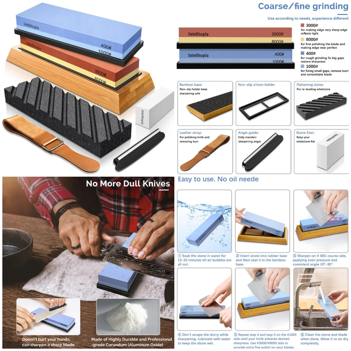 

Полный набор для заточки ножей — точильный камень с зернистостью 400/1000 и 3000/8000 с кожаным ремешком, точильный камень, бамбуковая основа, нескользящий