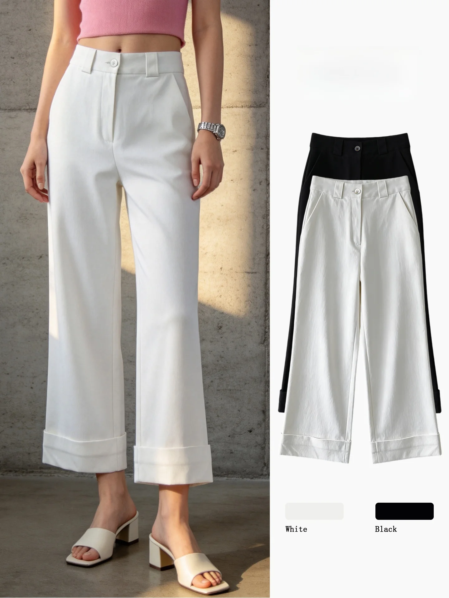 

High Waist Wide Leg Pants Women's Commute Style Casual Trousers Slimming Suit Pants Korean Version Cotton Blend Elastic Fiber