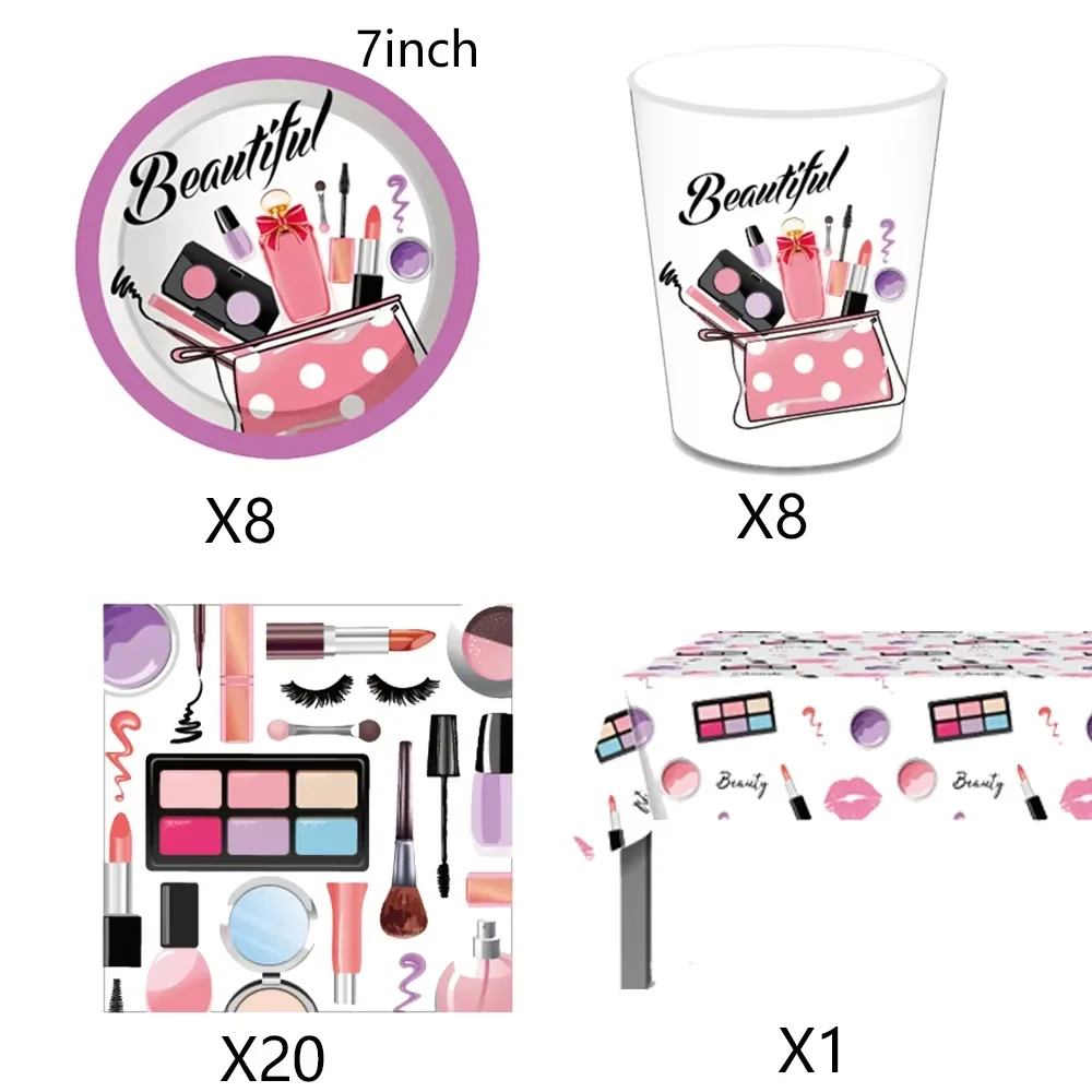 Spa Make-up Geburtstagsparty-Zubehör Kosmetik Mädchen-Geschenke Tischgeschirr Teller Becher Luftballons für Mädchen-Geburtstagsfeier Hochzeitsdekoration – Detail 14