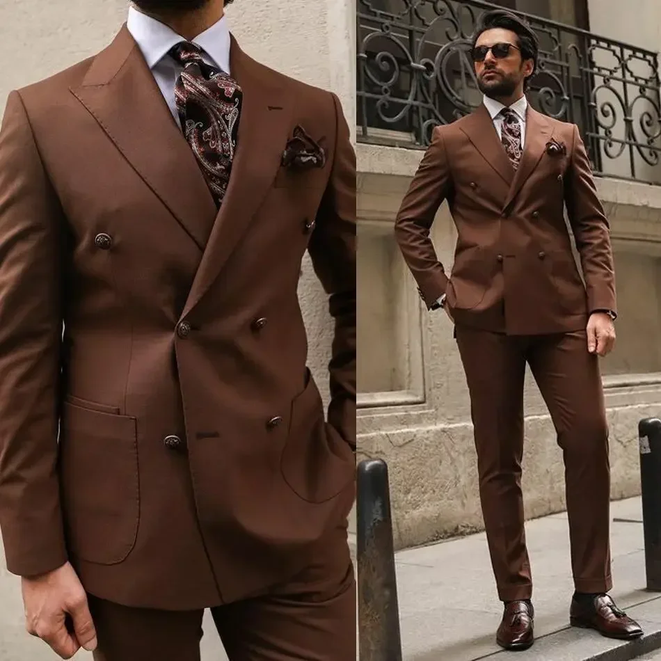 

Formal Men Suits Double Breasted Brown Peaked Lapel Hombres Slim Fit Casual Jacket Pants Two Piece Luxury Wedding Suits