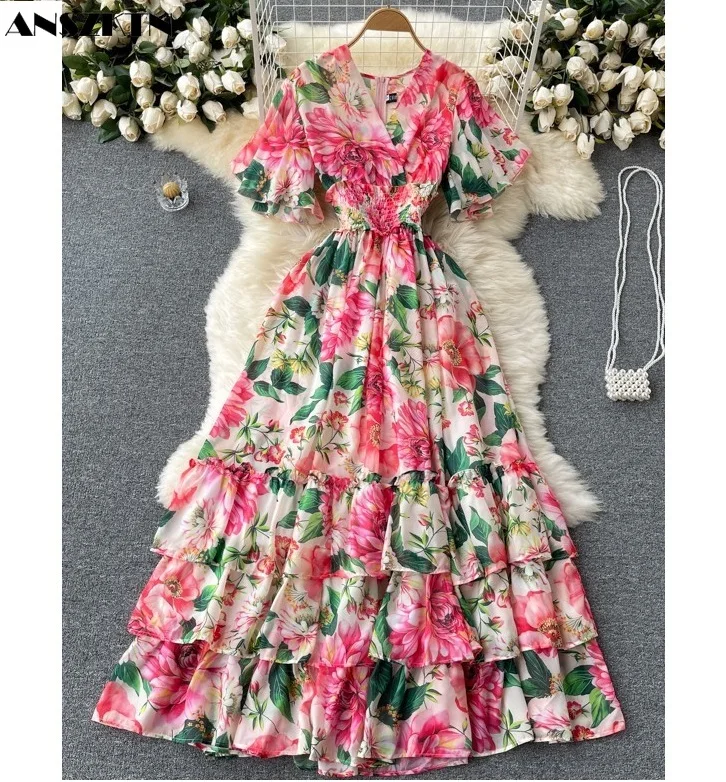 

ANSZKTN Summer Elegant V Elasic High Waist Allover Floral Chiffon Layered Dress Women Casual Holiday Sandbeach Maxi Dresses Ro