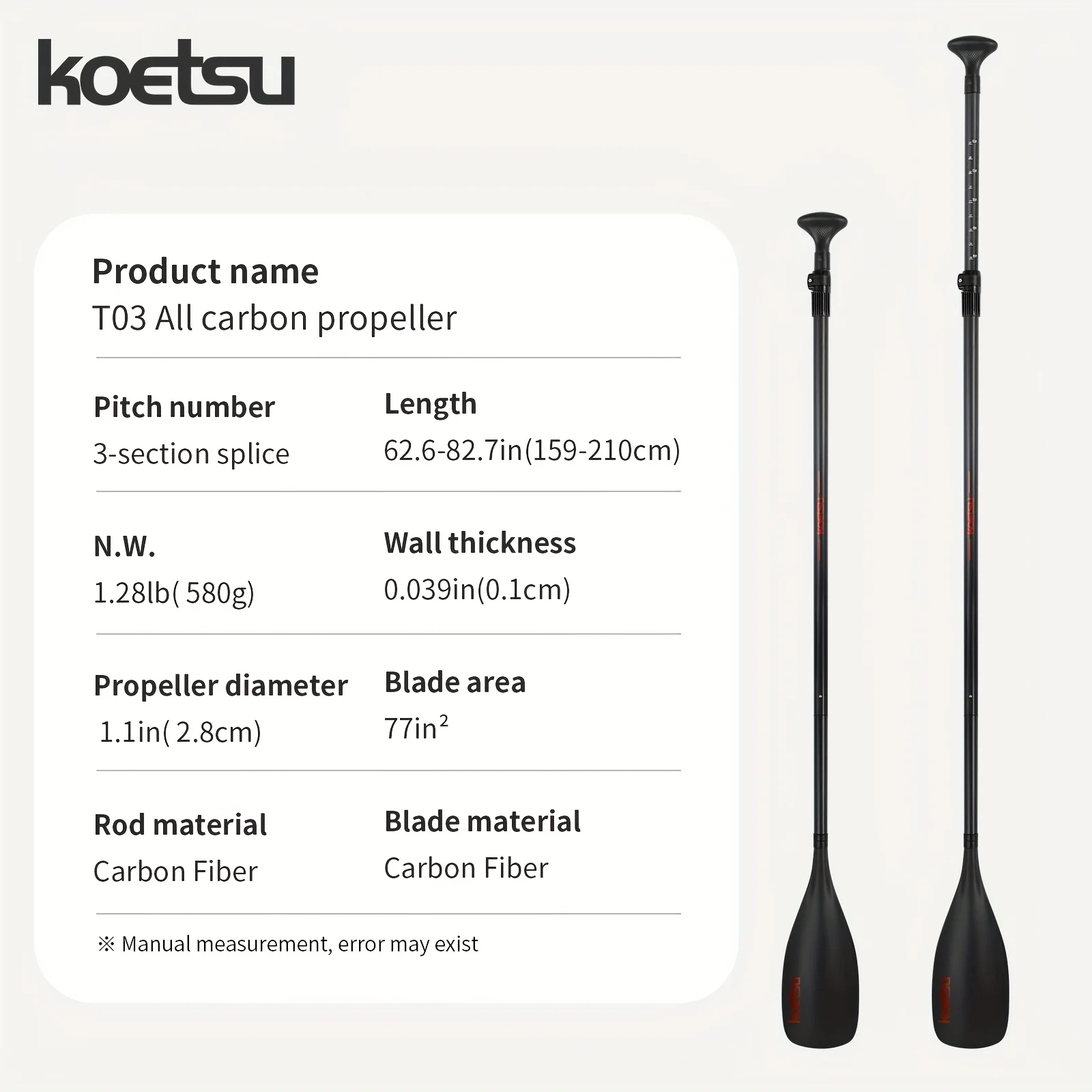 Der KOETSU T03 ist ein leichter und tragbarer dreiteiliger Carbonfaser-Paddel, kompatibel mit Stand-Up-Paddleboards und Kajaks. – Detail 4