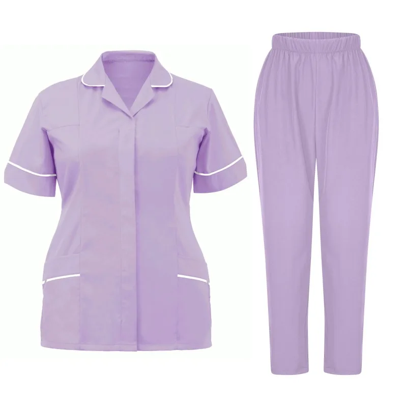 Women Nurse Uniform Set Short Sleeve Lapel Top with Elastic Waist Pants Medical Workwear for Hospital Beauty Salon