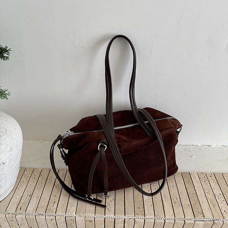 Autumn New Vintage Faux Suede Shoulder Bag for Women Retro Multi‑strap Design Casual Zipper Hobo Bag Daily Crossbody Handbag