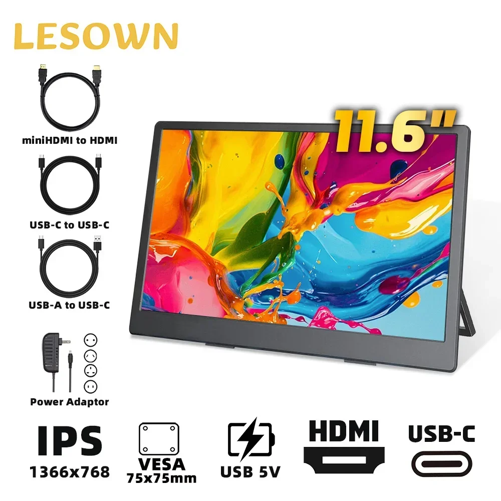 

LESOWN Small Portable Monitor 11.6 inch 1366x768 IPS Screen USB C HDMI-compatible Laptop Second Screen Display Plastic Shell