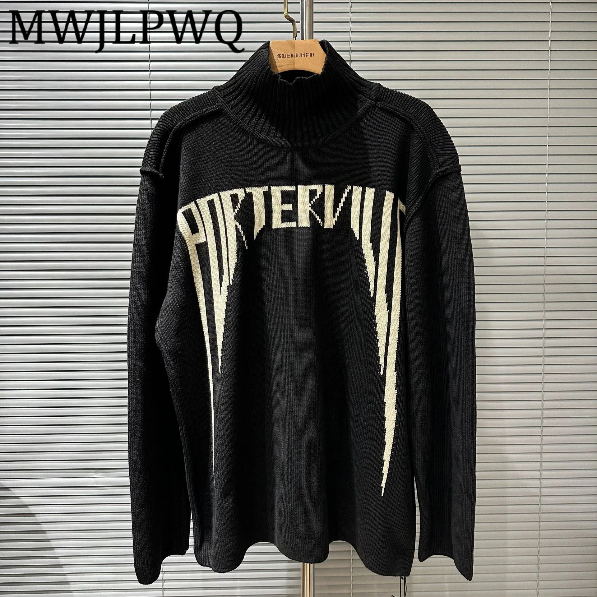 

MWJLPWQ American Street Jacquard Knit Personality Sweater Men's Trend Long Sleeve Stand Collar High-End Loose Unisex Tops 12391