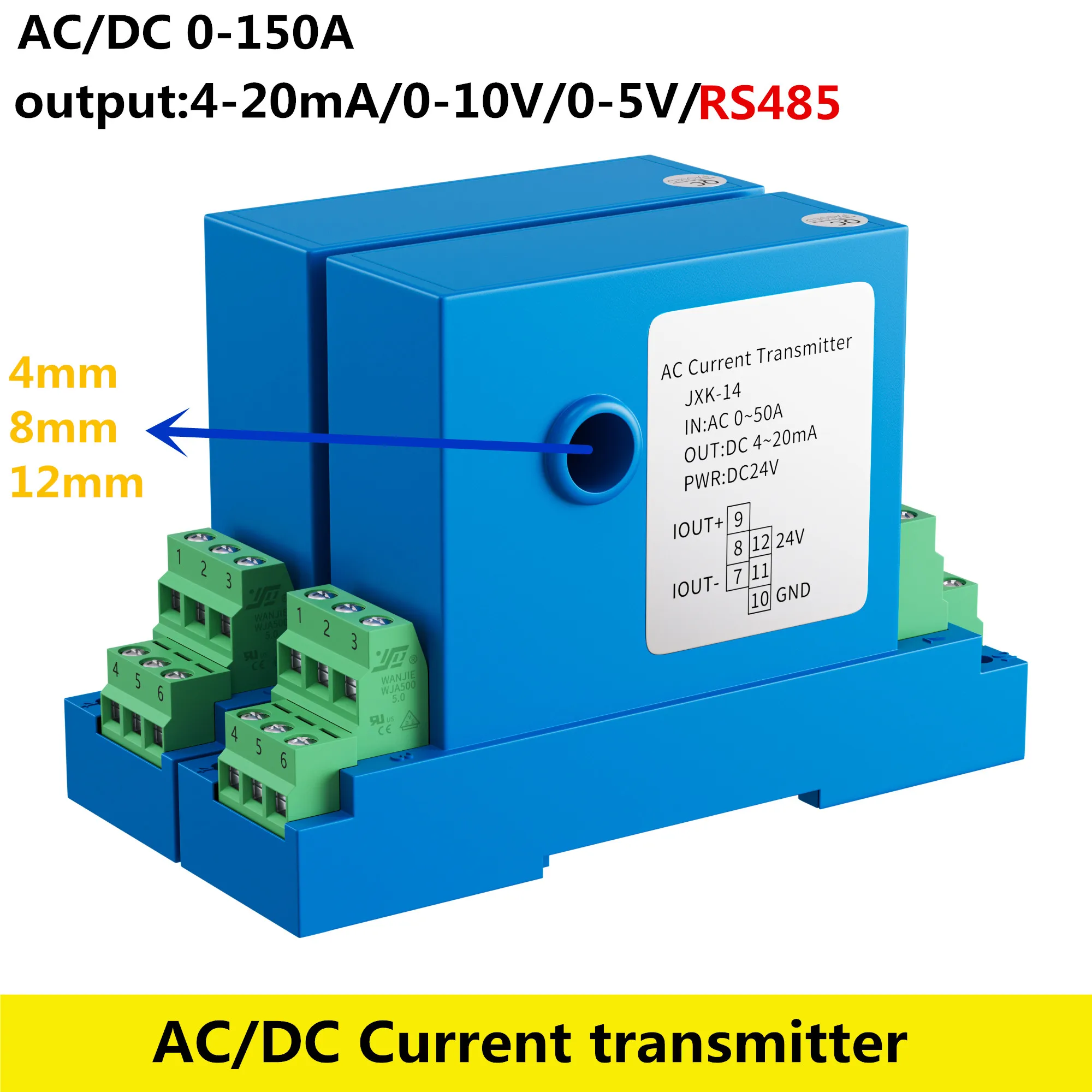 Sensore di corrente AC DC 50A 10A 20A 50A 100A 200A 4-20mA 0-10V 0-5V trasduttore di corrente relè RS485 trasmettitore DC24V