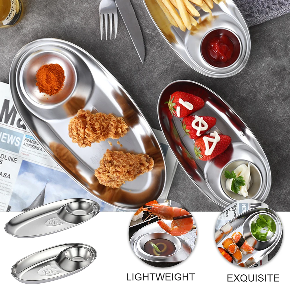 

2PCS Stainless Steel Snack Plate Sauce Container Condiment Bowl Dipping Holder Seasoning Dish Premium Material Lightweight