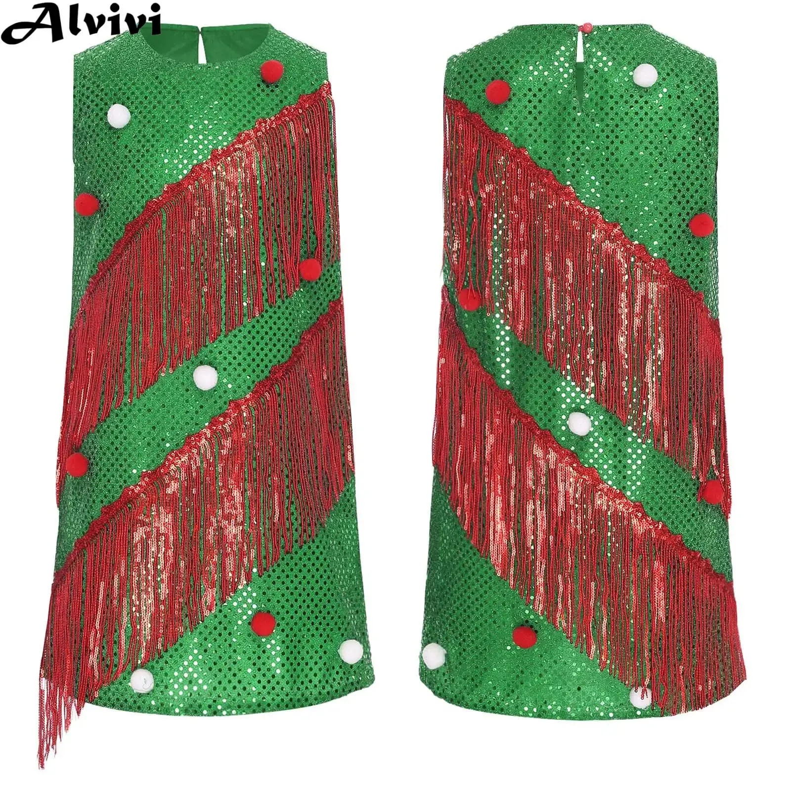 

Детский костюм для рождественской елки для девочек, платье без рукавов с кисточками и помпонами, блестящее платье с блестками для рождественского праздника, карнавала, тематической вечеринки, косплея