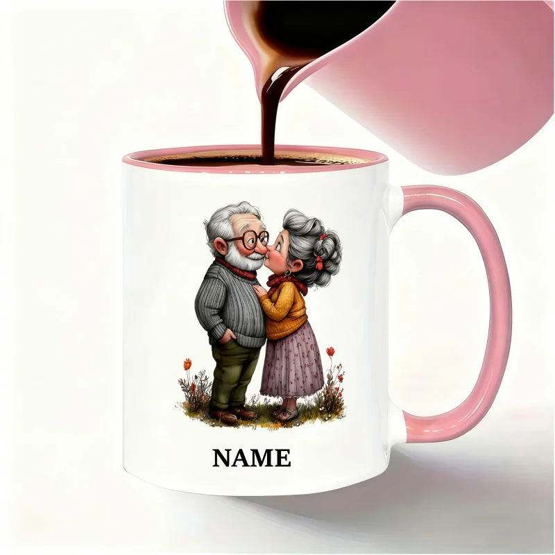 Customizable Fairytale Hand-Drawn Mug - Vintage Couple Scene with Grandma Kissing Grandpa, Ideal Birthday & Holiday Gift
