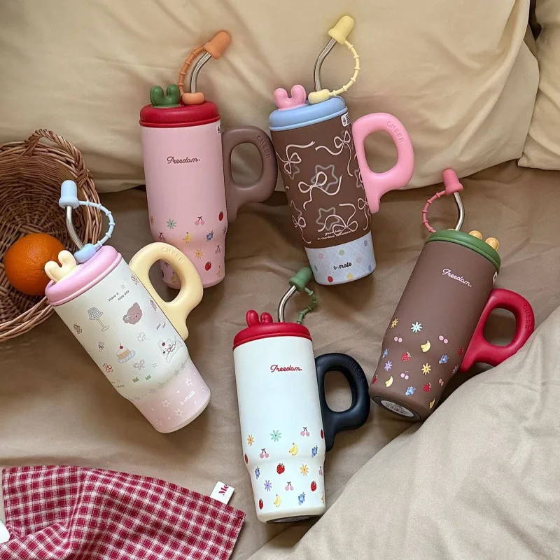 

Large Capacity Coffee Tumbler For Women Cute Stainless Steel Water Bottle With Straw Tea Filter Insulated Car Thermal Mug 800ml