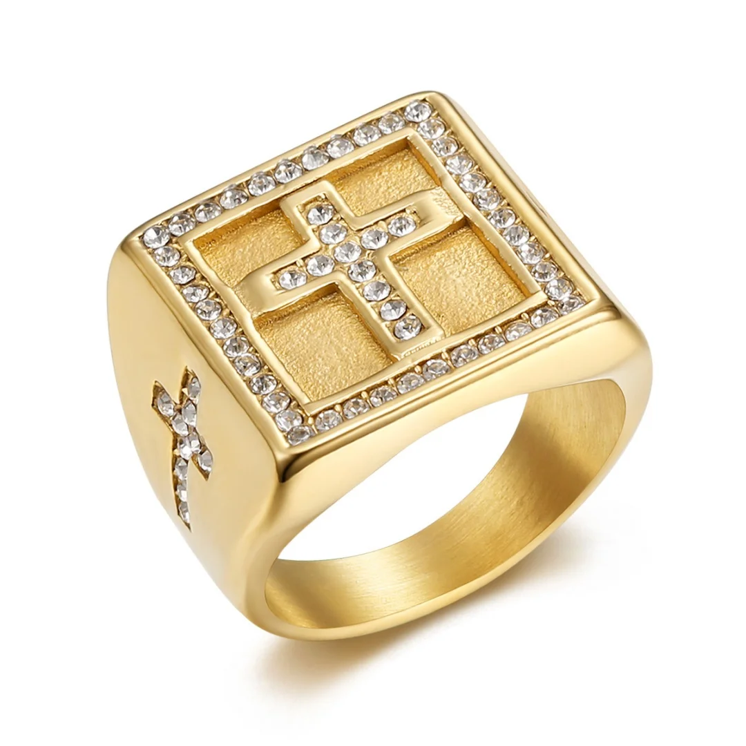 

Men's Cross Ring 20mm Chunky Gold Color Stainless Steel Iced Out Crystal Zirconia Rings for Man Religious Jewelry High Quality