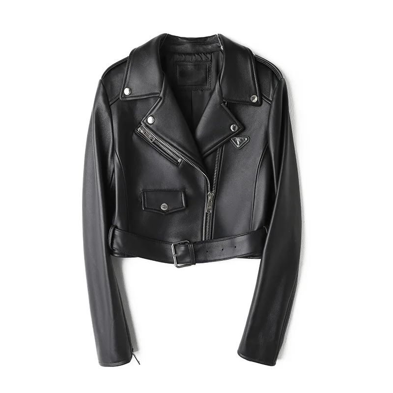 Women's Leather Jacket Spring Autumn Lapel Moto Biker Zipper Black First Layer Lambskin Short Little Coat Chaquetas Para Mujeres