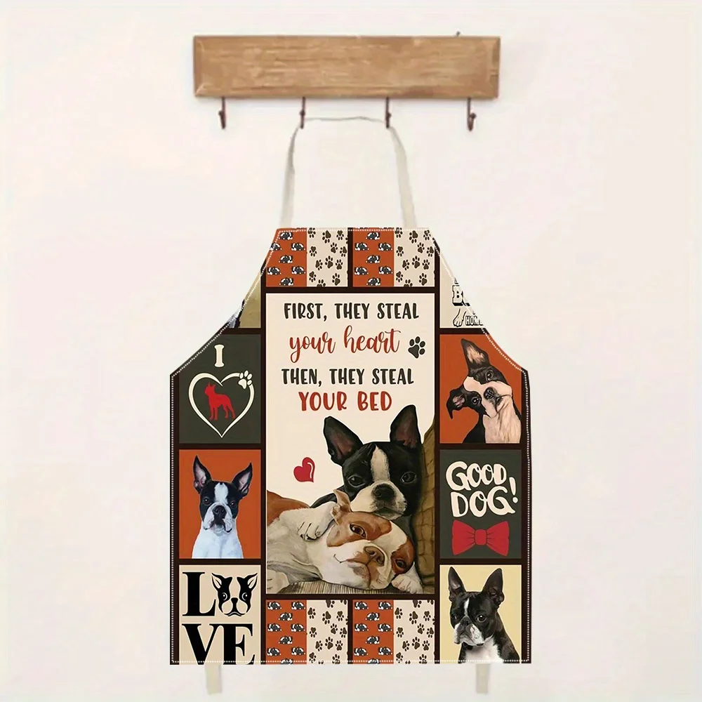 1pc Boston Terrier Dog Apron Linen Pet Lover Kitchen Cooking Baking Smock Adult Chef Gift Dog Owners Animal Art Design