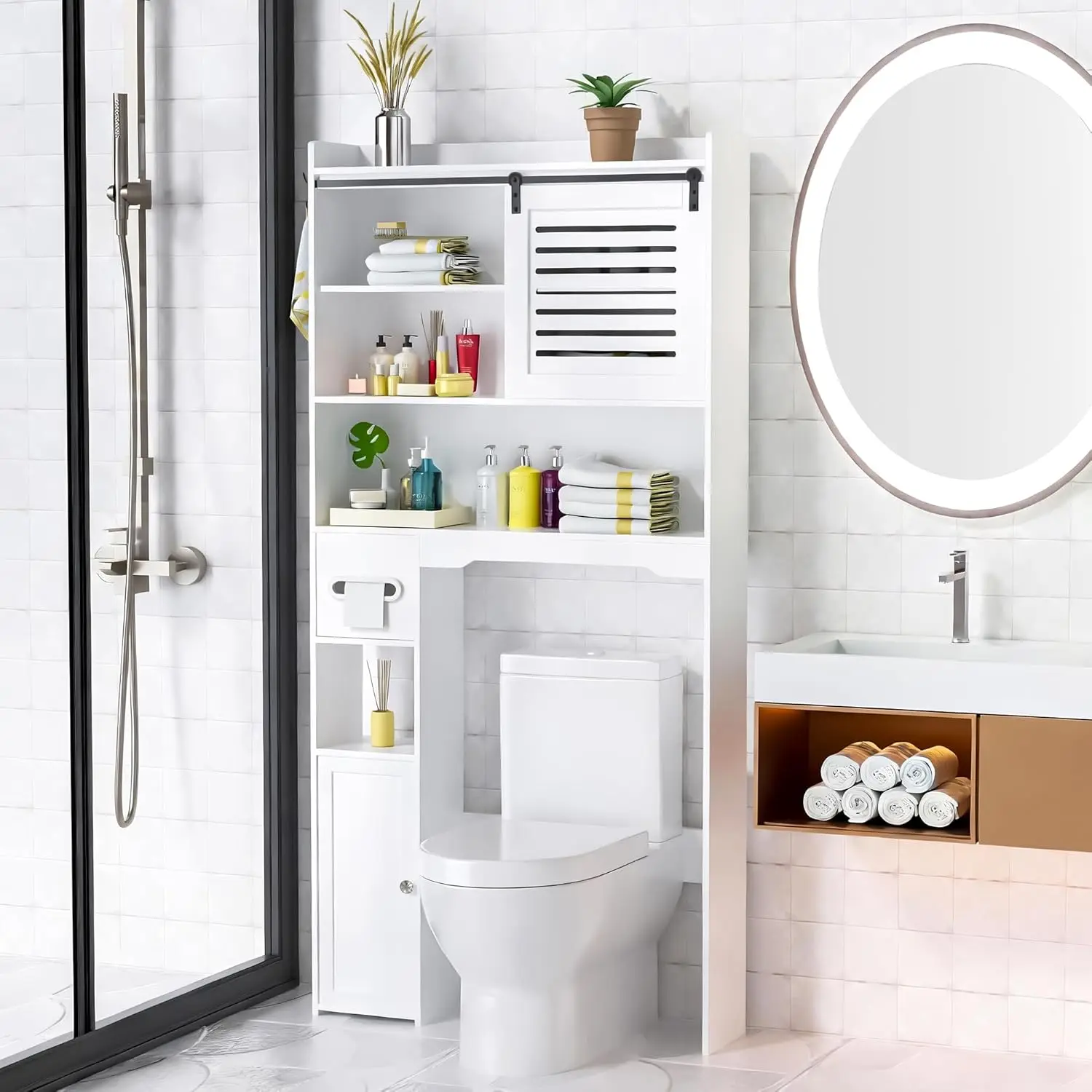 

Over The Toilet Storage Cabinet, Bathroom Storage Cabinet Organizer, Above Toilet Rack with Door and Adjustable Shelves, Spac