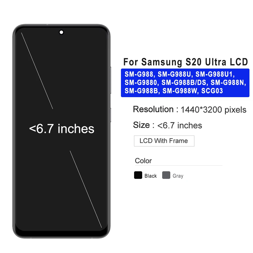 AMOLED LCD For Samsung Galaxy S20 Ultra LCD Touch Screen Digitizer Assembly Replacement For Samsung SM-G988 SM-G988B/DS Display