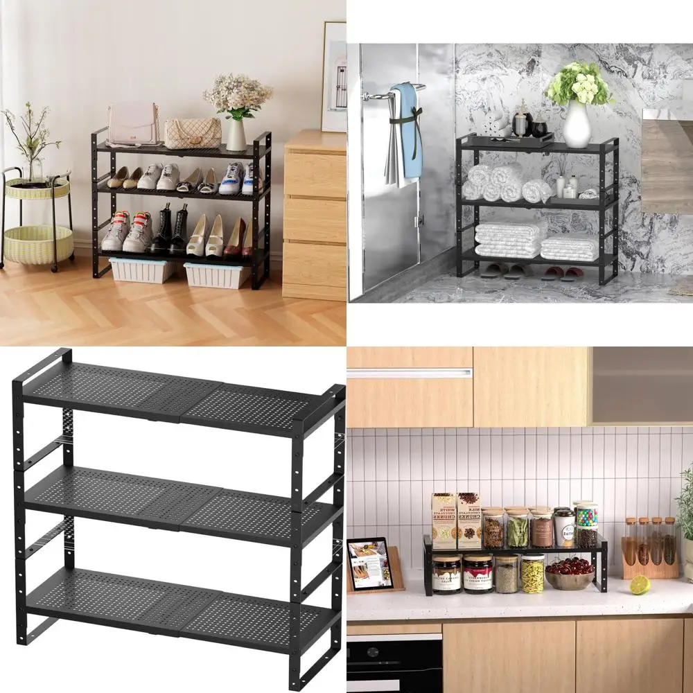 

Large Expandable Stackable Adjustable Metal Shoe Rack for Pantry, Kitchen Counter, and Cupboard Storage Solutions