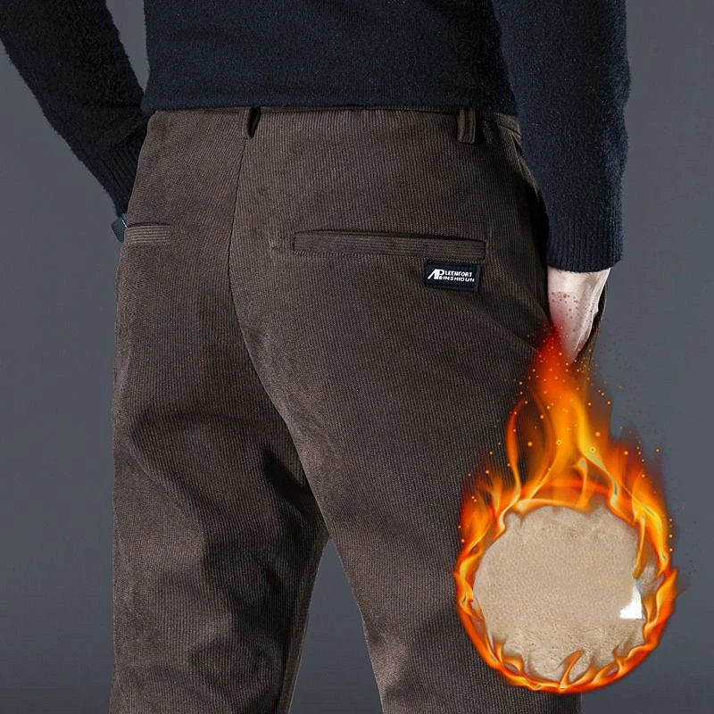 Men Black Pants Fleece Casual Trouser Man Adult Clothing Stretch Straight Loose Office Thickened Warm Solid Autumn Winter New