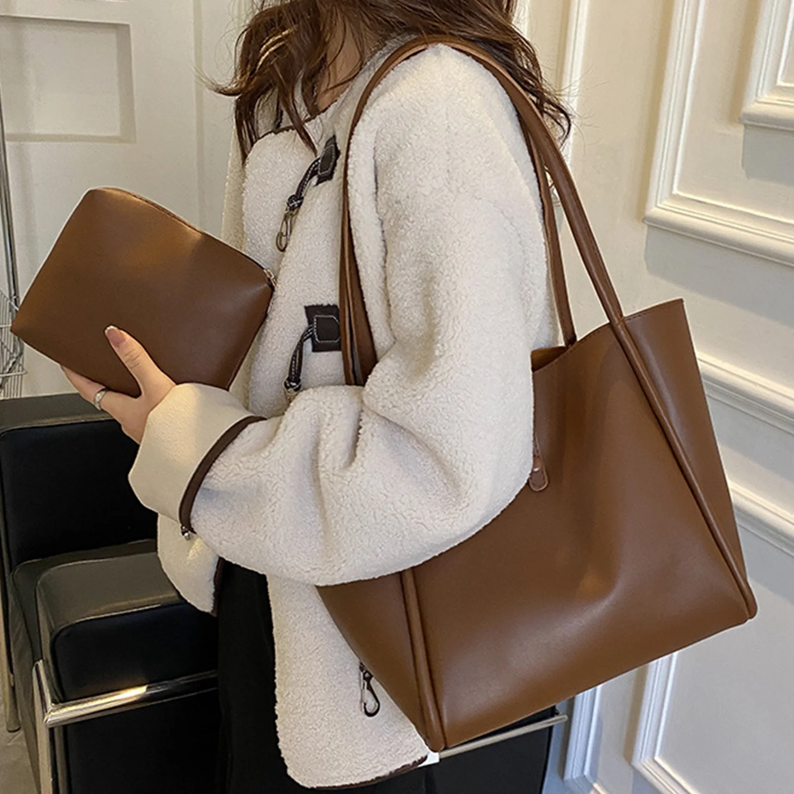 

Large Capacity PU Leather Tote Bags for Work Commuting Office Shopping Carrying Bag Fashion Leisure Travel Outing Handbag Khaki