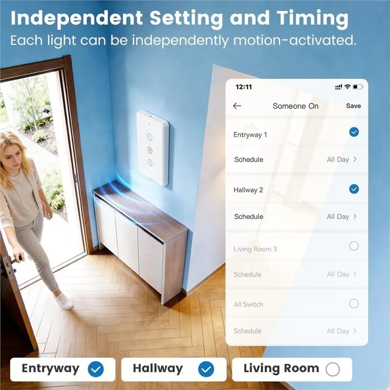 ABJF-Tuya Home Wifi Radar Induction Touch Wall Light Switch US Standard Single & Neutral Wire App Control US Plug