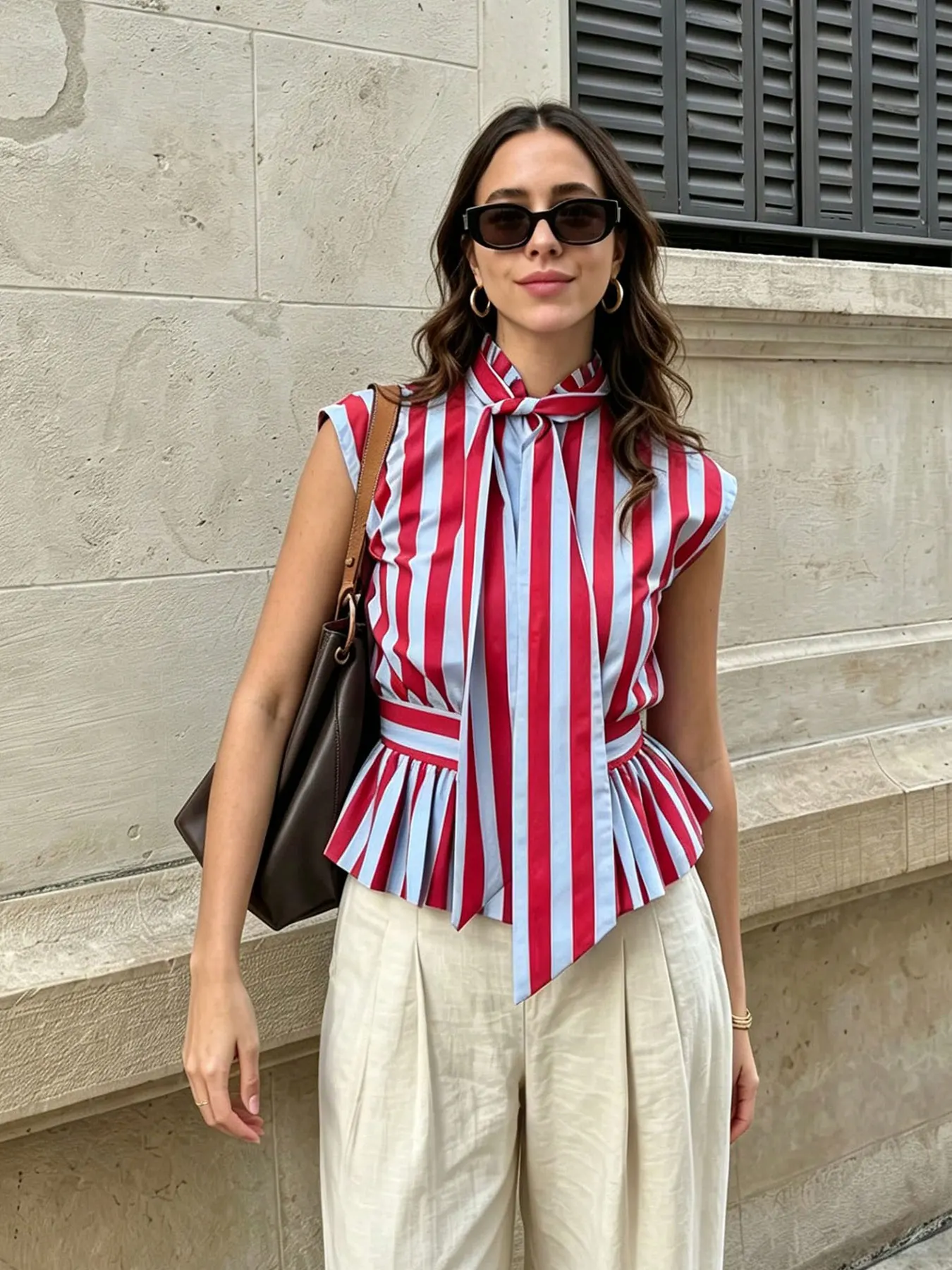 HH Women Elegant Fashion Red Blue Stripe Blouse Bow Tie Neck Single Breasted Sleeveless Shirt Casual Women High Street Chic Tops view 2