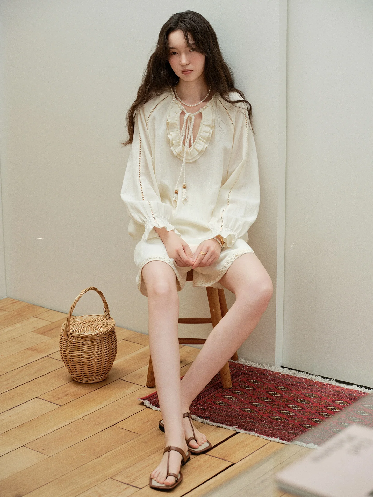 

Biggie Sweet Heart Mousse Small Design Sense Wheat Apricot Lace Long Sve Women's irt orts Set Cotton Comfortable B...