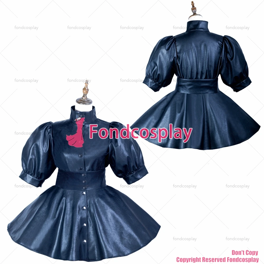 

fondcosplay adult sexy cross dressing sissy maid short black faux leather Buttons dress Uniform costume CD/TV[G3747]