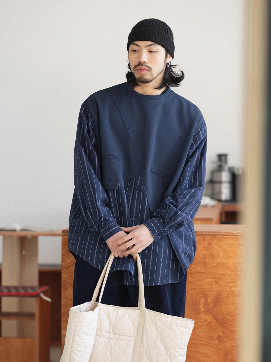 

Noears Retro Japanese Sle Long Sve round Ne T-irt Youth Casual Cotton Breathable Spring Faion Fake Two-Piece Top