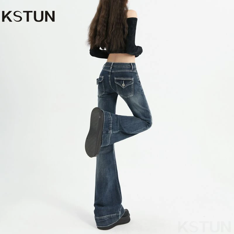 American High Street Spicy Girls pantalones vaqueros de cintura baja mujeres otoño diseño Vintage Sense Slim Fit tubo recto Micro pantalones acampanados